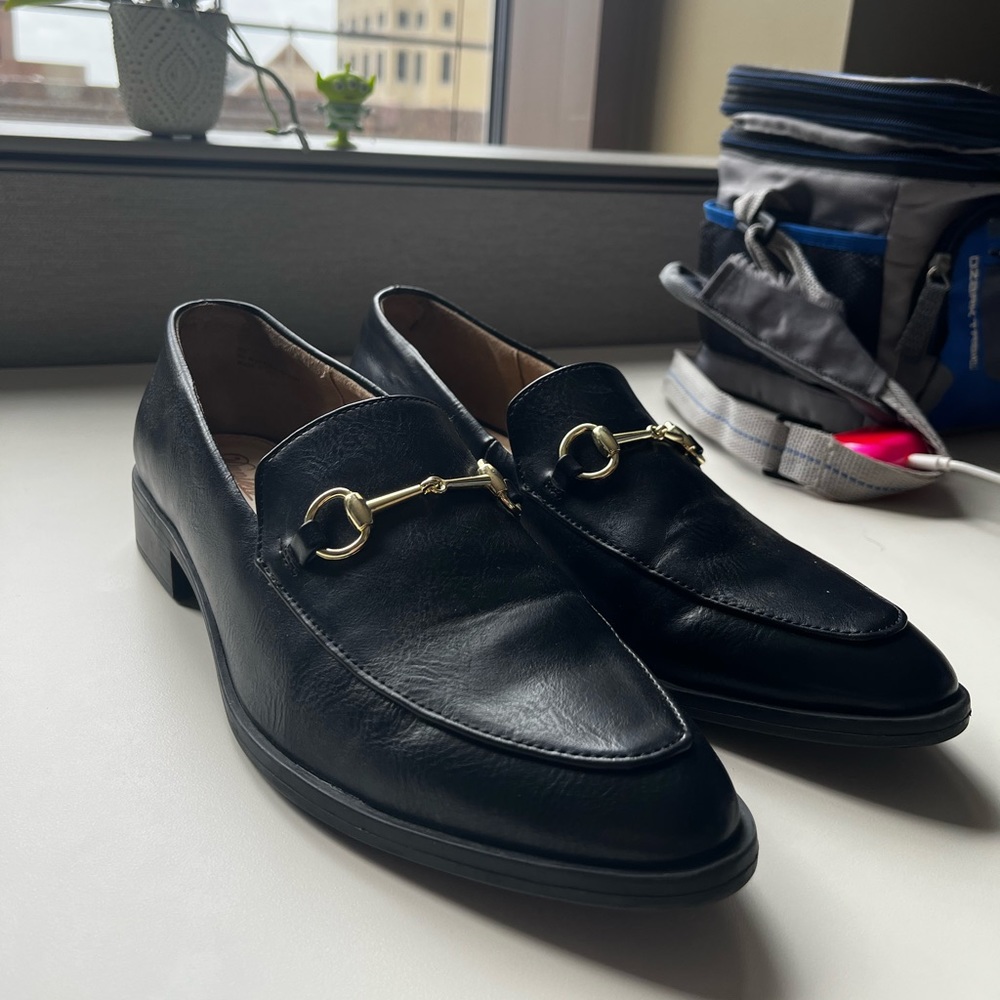 Black Leathered Work Shoes- Slip ons (unisex) With Gold Clasp Detail